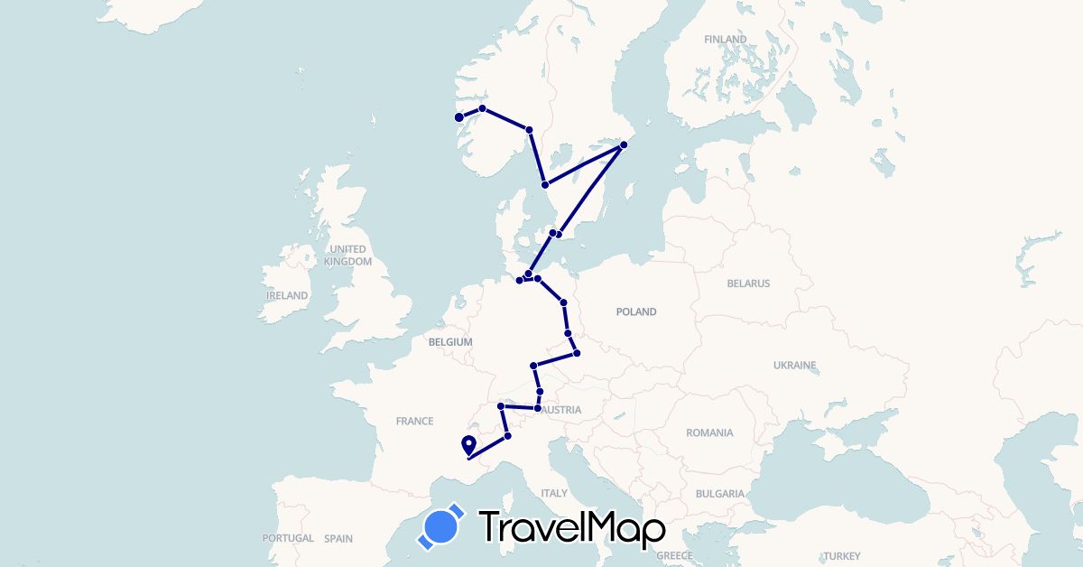 TravelMap itinerary: driving in Austria, Switzerland, Czech Republic, Germany, Denmark, France, Italy, Norway, Sweden (Europe)